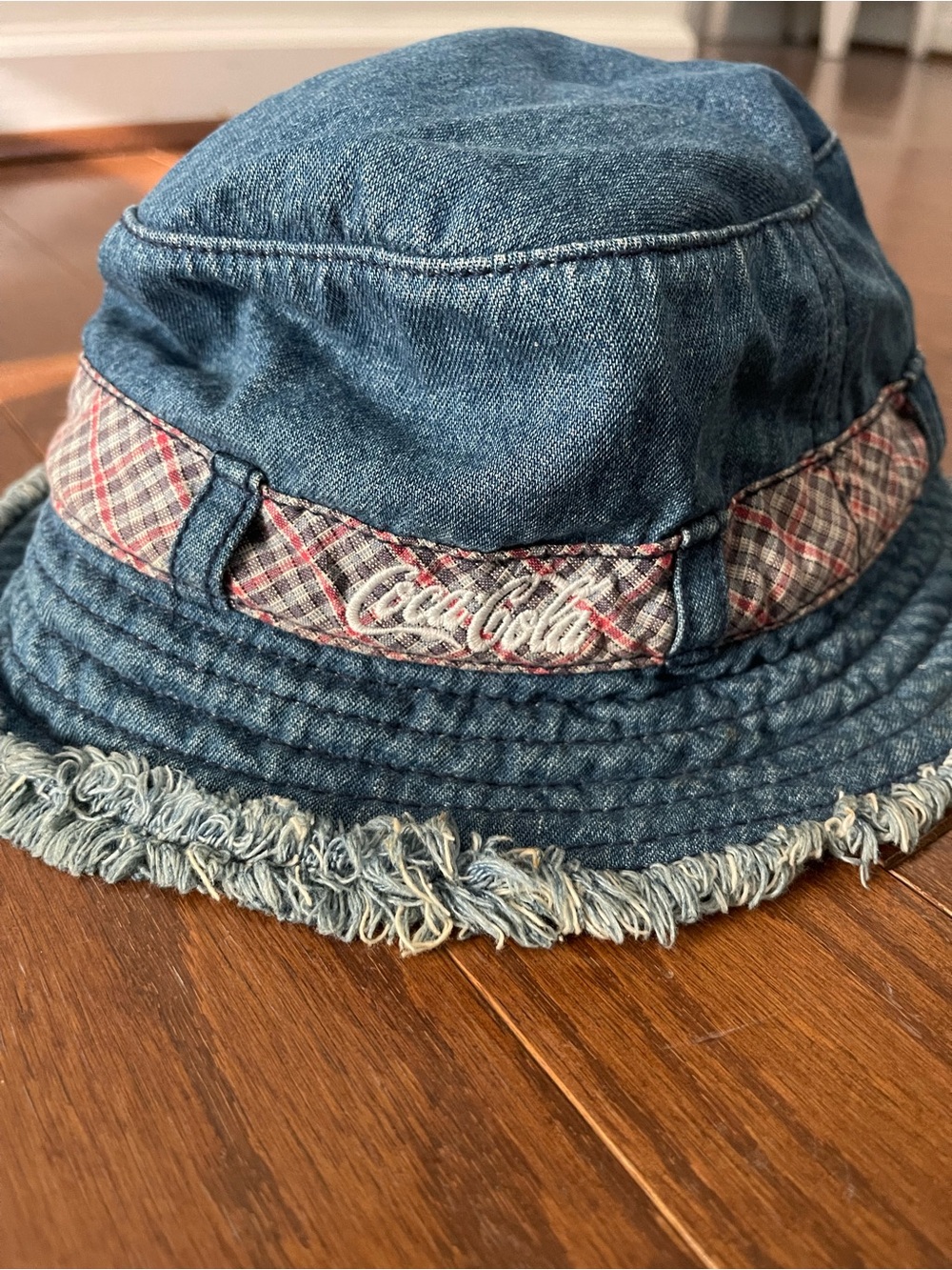 VTG 90s Coca-Cola Blue Denim Bucket Hat with Red Plaid Band & Frayed Brim